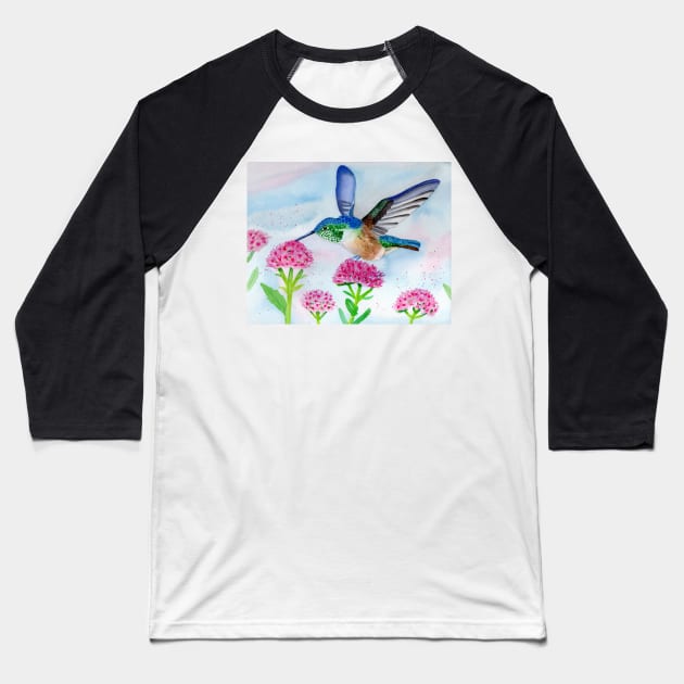 Hummingbird with Flowers in Watercolor Baseball T-Shirt by Sandraartist